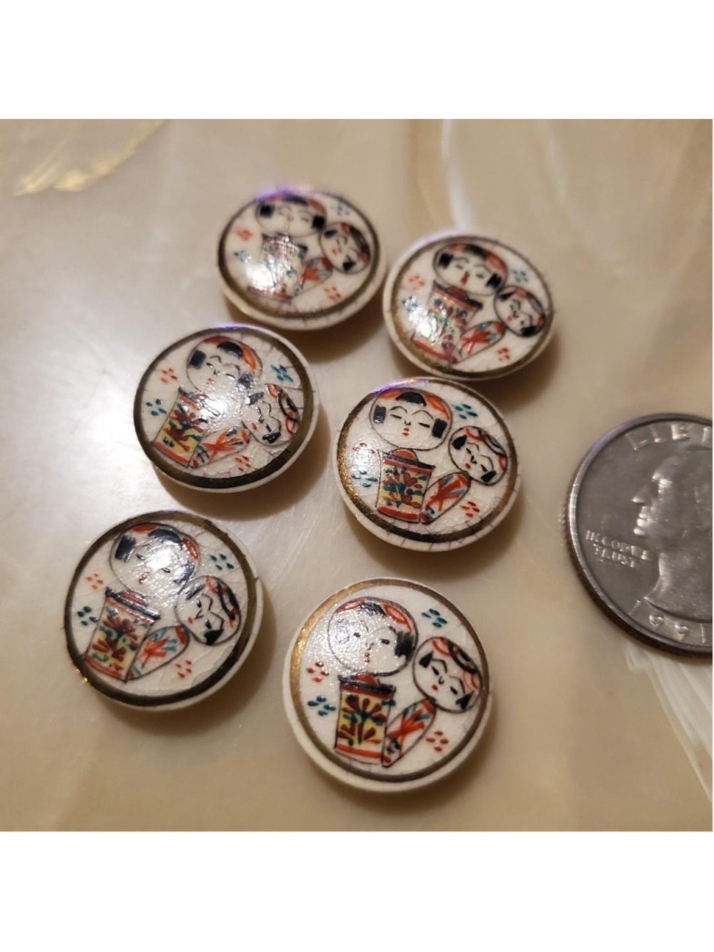 Vintage Mid Century Japanese Kokeshi Satsuma Ceramic Buttons Set of 6